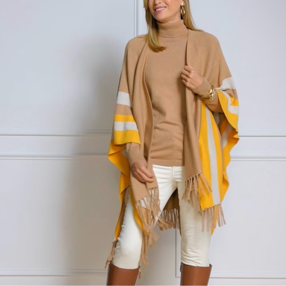 Talbots Sweaters - Boho Ruana Poncho Talbots Tan Yellow Fringe Wrap Cozy Fall Layer OS
